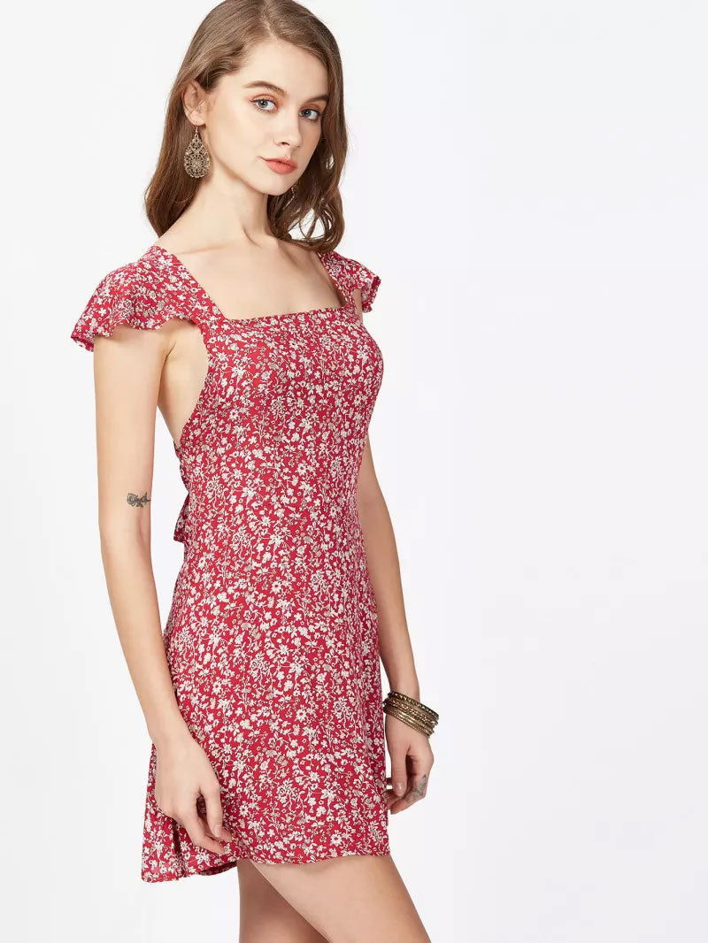 Florals Square Neck Criss Cross Bow Tie Back Dress