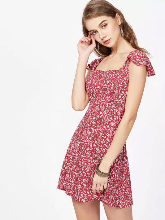 Florals Square Neck Criss Cross Bow Tie Back Dress