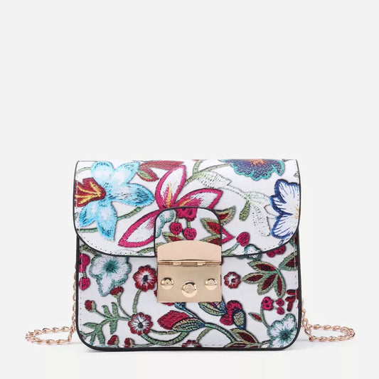 Flower Embroidery PU Chain Cross Body Bag