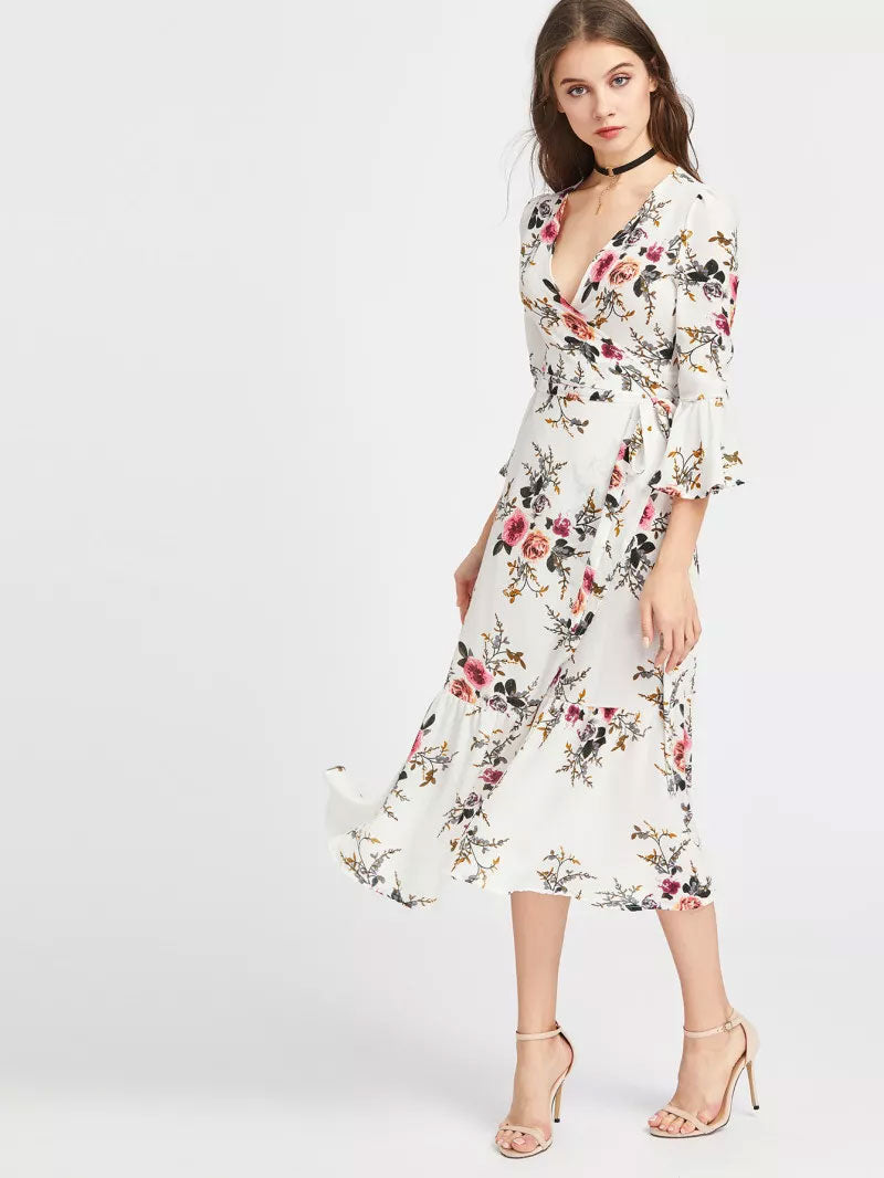 Plunge Neck Floral Print Bell Sleeve Slit Dress