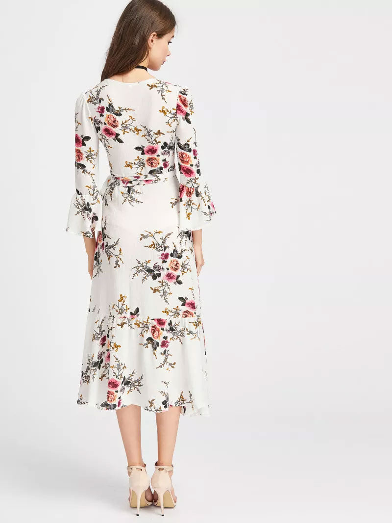 Plunge Neck Floral Print Bell Sleeve Slit Dress