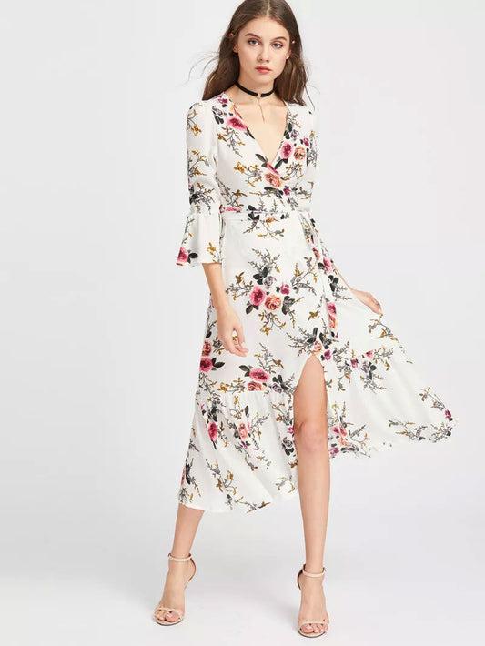 Plunge Neck Floral Print Bell Sleeve Slit Dress